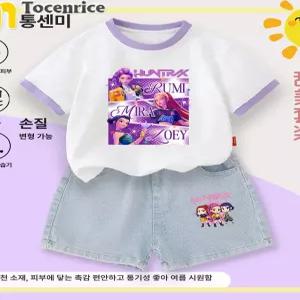 케이팝 데몬헌터스 반팔티 청반바지 어린이 초등 여름 티셔츠 캐릭터 반팔 주니어 옷 등교룩