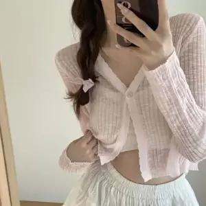 여성 얇은 v넥 시스루 이 세미크롭 가디건 여리 여자