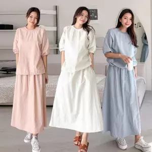 여성 여름 바스락 나일론 반팔티 A라인 롱스커트 아노락 세트 SST0079S 빅사이즈 루즈