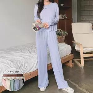 여성 봄 가을 찰랑 무지 레이온 스판 긴팔티 밴딩바지 세트 홈웨어 잠옷 트레이닝 츄
