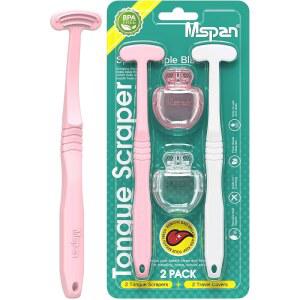 MSPAN 혀 스크레이퍼 클리너 브러시: 케어 포함, - 성인 플라스틱 스크러버, 커버 클리닝 핑크 케이스 구취 깨끗한 화이트 2팩 구강 여행용