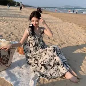 앞부분 리본매듭 포인트 수묵화 플라워 패턴 롱원피스 휴양지원피스 체크무늬원피스