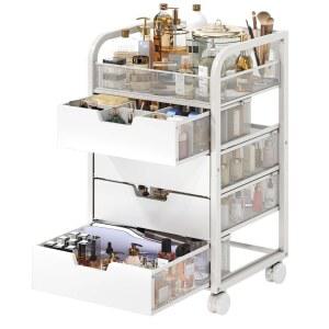 SEFILENCE Makeup Organizer Cart with 4 Drawers Vanity Storage Drawer Carts Dividers Nail Cosmetic Display Cases Cabinet for Skin Care Polish Perfume 흰색 화이트