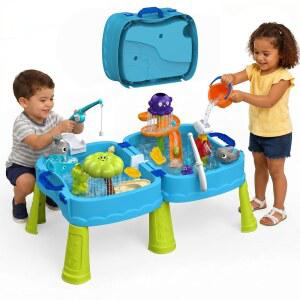 2026 New Foldable Double-Sided Water Table for Toddlers 1-3 and Sand Park Activity Sensory Playset Portable Summer Outdoor Toys 23 Piece Toy Accessories (Medium)