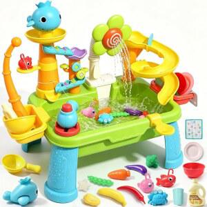 Dergo Upgraded Water Table for Toddlers Toy Set Sensory Sand Play Sink Shower Sprinkler Summer Birthday Gift STEM Fishing Playset Boys Girls Ages 3 4 5 6