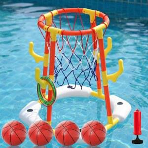 PodiuMax Pool Basketball Hoop 2-in-1 Game & Ring Toss Set with 4 Balls 12 Rings Pump Floating Toys for Ages 5 6 7 8 9 10 11 Games Backyard Party
