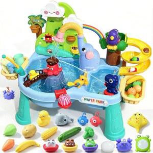Upgraded Water Table for Toddlers Toy Set 4-in-1 Sensory Sand with Electric Pump Elephant Rain Shower Sprinkler Summer Birthday Gift STEM Fishing Boys Girls Ages 3 4 5 6