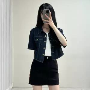 여자 봄 스티치 카라넥 반팔 레트로 크롭 청자켓