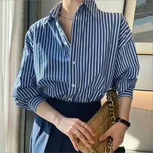 셀럽하우스 여자 베이직 오피스룩 청량한 세로 스트라이프 셔츠 남방