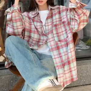 빈티지 체크 오버사이즈 긴팔셔츠 여성 캐주얼 남방 루즈핏셔츠 체크남방 체크롱남방
