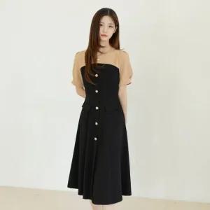 시크라인 XXL까지) 엘리얀 배색 플레어 원피스 하객룩 오피스룩 상견례룩 격식룩 빅사이즈