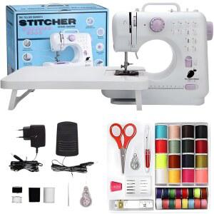 Sewing Machine Basic with Foot Pedal Stitching For Children Kit Dual Threads Electric Tacking Beginners (Table + Kit) (Purple Accent)