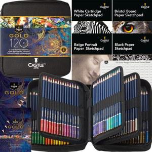 Castle Art Supplies Gold Standard 120 Coloring Pencils Set with Extras Oil-based Colored Cores Stay Sharper Tougher Against Breakage For Adult Artists Colorists In Zipper Case