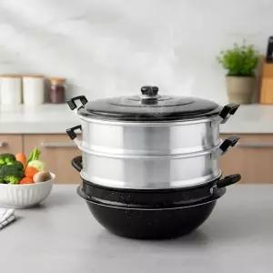 고품질 업소용 대용량 마블 3단 찜기 40cm 알루미늄 다용도 솥 찜가...