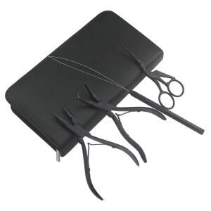 Hair Extension Beading Tool Kit Extensions Micro Link Bead Closer and Remover Pliers Cutting Scissors Set Ring Needle Pulling Hook Threader Wire for Silicone Rings(Black)