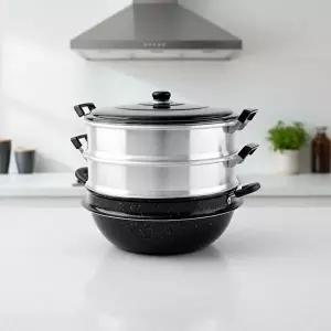 고품질 업소용 대용량 3단 찜기 마블 알루미늄 찜솥 46cm 대형 조리도구 찜가마솥 찜솥 다용도찜기 WFNJPL