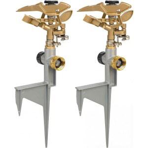 LIULO TOOL 2 Pack Impact Sprinkler for Yard Heavy Duty Zinc Alloy Head on Metal Step Spike Adjustable 360 Degree Water Sprinklers Large Area Irrigation Patio Lawn Garden