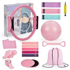 Garvee Pilates Kit for Home Workouts 13-Inch Magic Circle Set with Mini Ball and Resistance Bands Equipment Women Full Body Exercise Accessories Pink /Purple