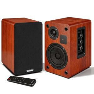 WMQ 60W 전원 책장 스피커 4인치 탄소 섬유 우퍼 & 1인치 트위터 USB-C /RCA / AUX 입력 소형 디스플레이 화면 4옴 임피던스 턴테이블 TV PC 데스크톱 스마트폰(브라운)용 MMH