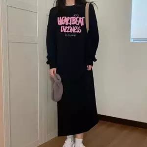 레터링 기모 맨투맨 롱원피스 1P 겨울 데일리 치마-WD70555