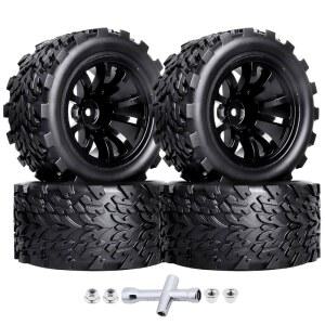 HobbyPark PreGlued Mounted 12mm Hex Hubs RC Truck Tires and Wheels 2.8 with Foam Inserts for Traxxas Rustler Stampede Hoss 4x4 Redcat Monster Set of 4 (117x57mm(HxW))