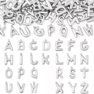 비드호븐 52Pcs 26 레터 참 실버 스테인리스 스틸 이니셜 A-Z 알파벳 펜던트 스몰 캐피탈 ABC 버블 메탈