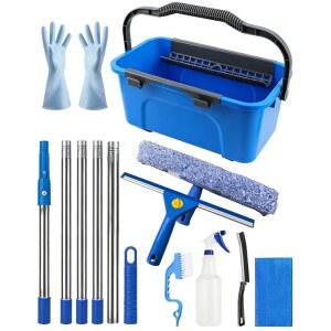 HAPPYER Window Cleaning Kit with Storage Bucket Squeegee Cleaner Tool Extension Pole Glass Tools Set Bottle Brush Scrubber Gap & Gloves for Shower Mirror Car