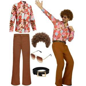 70s Disco Outfits for Men 70's Retro Clothes Shirt Bell Bottom Pants Vintage Hip Hop Costume with Wig Accessories