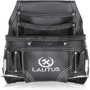 LAUTUS 오일 태닝 가죽 도구 파우치 백 블랙 목수 건설 프레임 핸디맨 포켓 10개 해머 홀더 2개 100