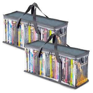 가정용 DVD 보관 가방(2개 세트) DVD, CD, 블루레이 디스크, 영화 케이스, VHS 박스, 비디오 게임 디스크, 휴대용 손잡이와 지퍼가 있는 투명 플라스틱 홀더 - 회색
