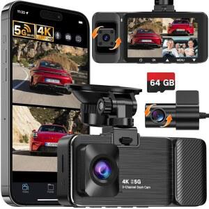 WECOOL 4K UHD 3채널 대시캠 전면 후면 내부 무료 64GB 카드 포함 야간 투시 차량용 360 광각 풀뷰 대시 카메라 24시간 주차 모드 G-센서 루프 레코딩 5GHz WiFi