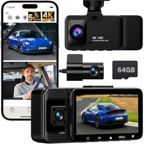 렉트러스 4K 대시캠 전면 후면 인사이드 170 광각 무료 64GB SD 카드 5.8GHz WiFi 야간 투시 G-센서 루프 녹화 주차 모니터 USB C 최대 256GB의 3채널 자동차 카메라 대시