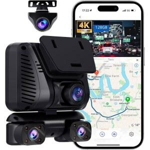 4K 대시 캠 360 뷰 4채널 전방 후방 카메라 내장 5GHz Wi-Fi GPS 음성 제어 무료 128G 카드 야간 투시 24시간 주차 모드 G-센서