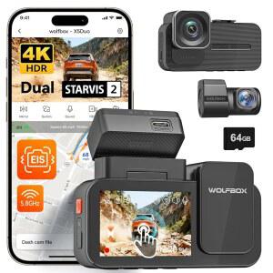 WOLFBOX X5 듀오 4K+2.5K 대시캠 흔들림방지 8MP 스타비스 2 IMX678 IMX675 듀얼 카 카메라 전면 후면 5.8GHz Wi-Fi GPS 64GB 카드 음성 제어 터치스크린 주차 모드 포함