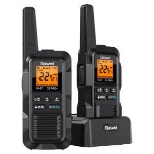 가스웨이 G2pro+ 헤비 듀티 무전기 충전식 장거리 양방향 2와트 NOAA 날씨 FM IP67 방수 VOX 더블 PTT 리튬 이온 배터리(2팩 - 블랙)