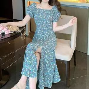 [라일리여성의류] Rly 스퀘어넥 원피스 A라인 플라워 트임 퍼프소매 롱