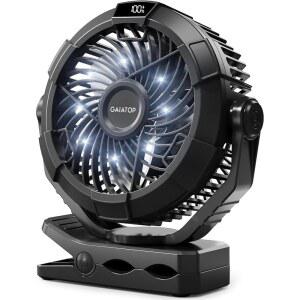 LED 랜턴 360 회전 및 클립이 장착된 가이아탑 휴대용 캠핑 선풍기 책상용 USB 충전식 배터리 구동 디지털 디스플레이 텐트 야외 여행 침실용 걸이 블랙