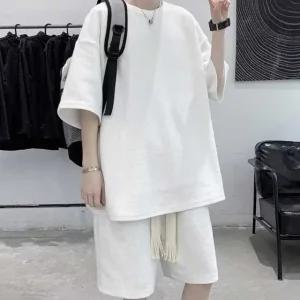 남자 반팔셋업 루즈핏 허리밴딩 무지 라운드넥 캐주얼 린넨셋업 (WF5C7BE)