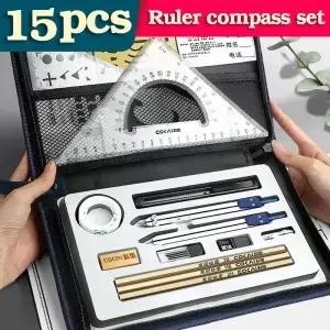 15 In1 나침반 눈금자 수학 기하학 플레이트 편지지 세트 학생 전문 토목 기계 공학 도면 Accessori