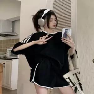 셀럽하우스 4컬러 오버핏 배색라인 여름룩 반팔 트레이닝 세트
