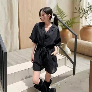 여성 여름 캐주얼 허리끈 반팔 점프수트