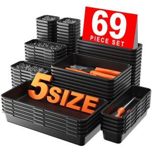 A-Lugei 더 큰 사이즈 69 PCS-5 공구 상자 정리함 트레이 분할기 세트 블랙 책상 서랍 차고 롤링 캐비닛 작업대용 보관함