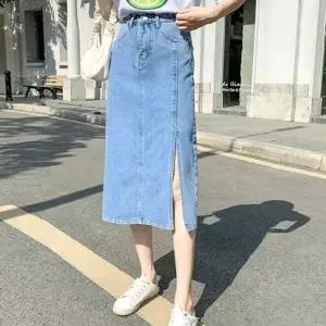 [VCL01L30]예쁜 롱치마 앞트임 롱 데님 스커트 청 치마