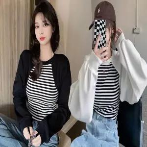 일체형 단가라 레이어드 세미 크롭 볼레로 긴팔티