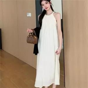 [하프클럽/]하늘하늘 여성 롱 원피스 홀터넥 민소매 원피스 시원한 여름