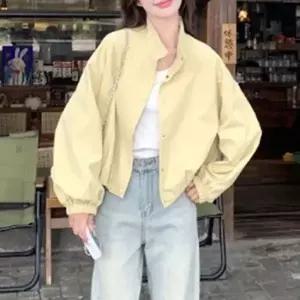 여성 하이넥 바람막이 자켓 봄가을 옐로우 자켓 단추 클로징 소매 밴딩