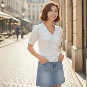 여성 여름 외출 출퇴근 꽃진주 단추 포인트 퍼프 소매 반팔 가디건
