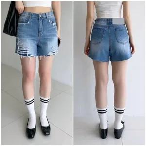 여성 난스판 밴딩 이중원단 데미지 3부 청반바지 핫팬츠 숏팬츠