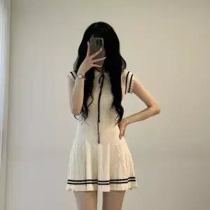여자 리본 물결 캡소매 여름니트 줄무늬 미니원피스_25845681_588872