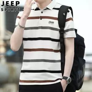 JEEP SPIRIT 남성용 반팔 여름 스트라이프 카라넥 캐주얼 티셔츠